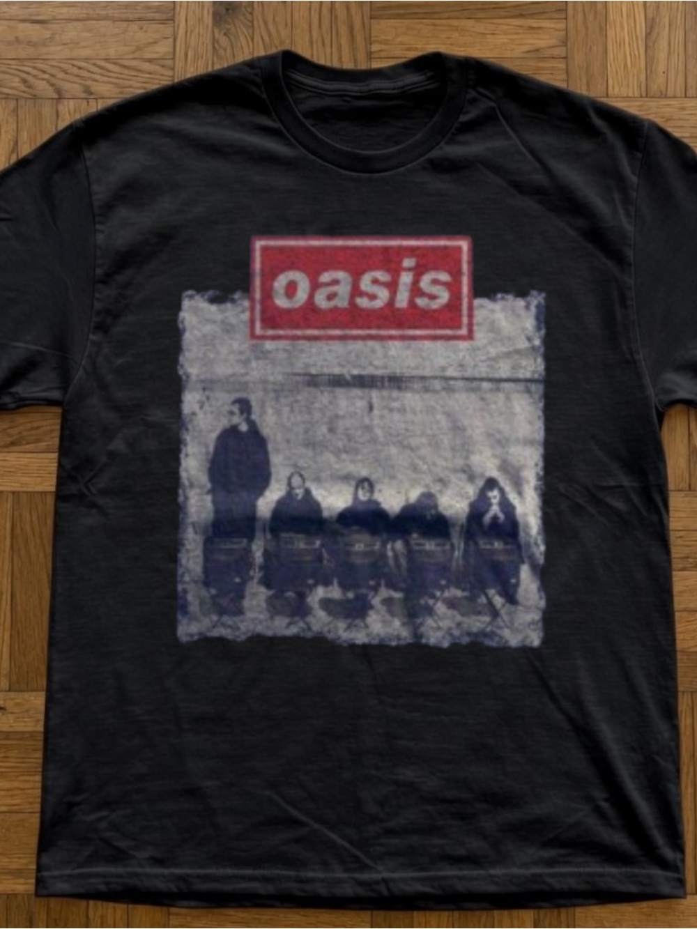 Gildan Black Tee with Red Oasis Box Logo and Blue Photo Graphic